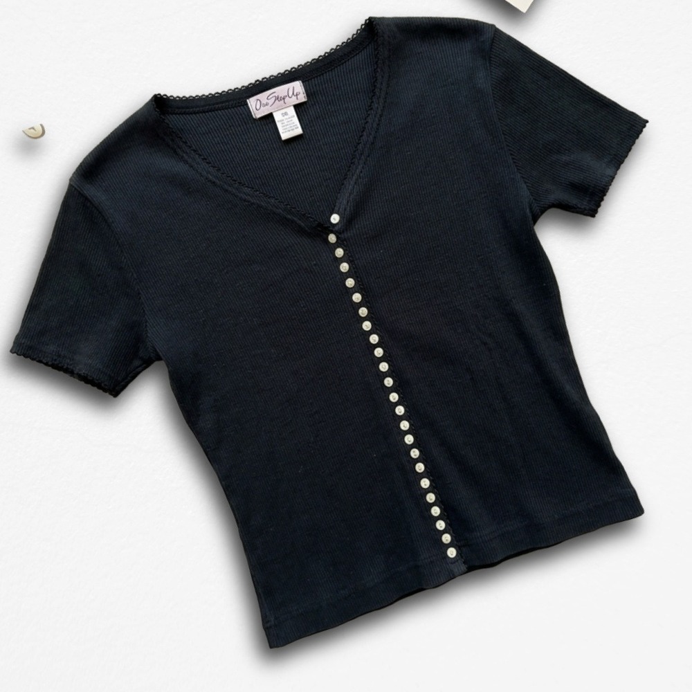 One Step Up Womens Black Ribbed Lace Trim V-Neck Button Front Top Size M